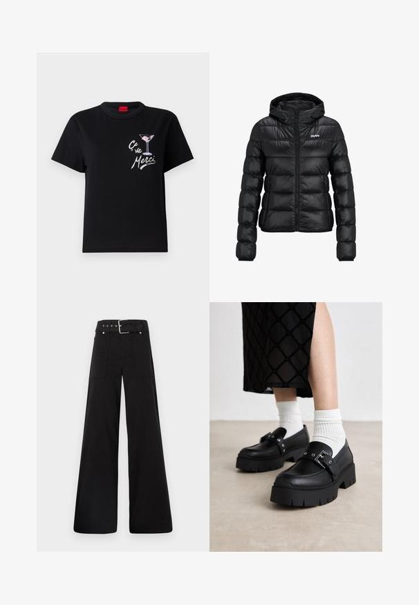 Svart polstret jakke med glidelås og hette. Har en quiltet design og "HUGO" logoen på brystet. Laget av skinnende materiale.; Svart bomull t-skjorte med korte ermer, har et hvitt og rosa grafisk bilde av et martiniglass og teksten "Ça va Merci" i en leken skrifttype.; Sorte vidde bukser laget av bomull, med høy midje, store sidelommer og belte med sølv detaljer.; Svart plattform loafers med en glatt skinnfinish, med en spenne detalj og naglede akenter, sammen med hvite ribbede sokker.