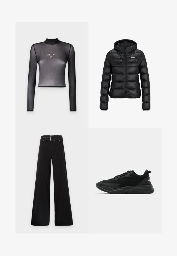 Must must jacket, milledega lukuga ja kapuutsiga. Omab tikanditud disaini ja "HUGO" logo rinnal. Valmistatud läikivast materjalist.; Must musta pikkade varrukatega lühike top, mis on valmistatud läbipaistvast materjalist, kõrge kaelusega ja mille esiküljel on tikandtekst "Aitäh, OK, Nägemist".; Mustad laiad mustad püksid, mis on valmistatud puuvillast, kõrge vöökoha, suurte küljetaskute ja kumerate rihmadega, kus on hõbedased detailid.; Mustad mustat spordijalatsid tekstureeritud ülemise osaga, süsteemse paelaga, pehmendatud tallaga ja bränditud aktsendiga kanna piirkonnas.