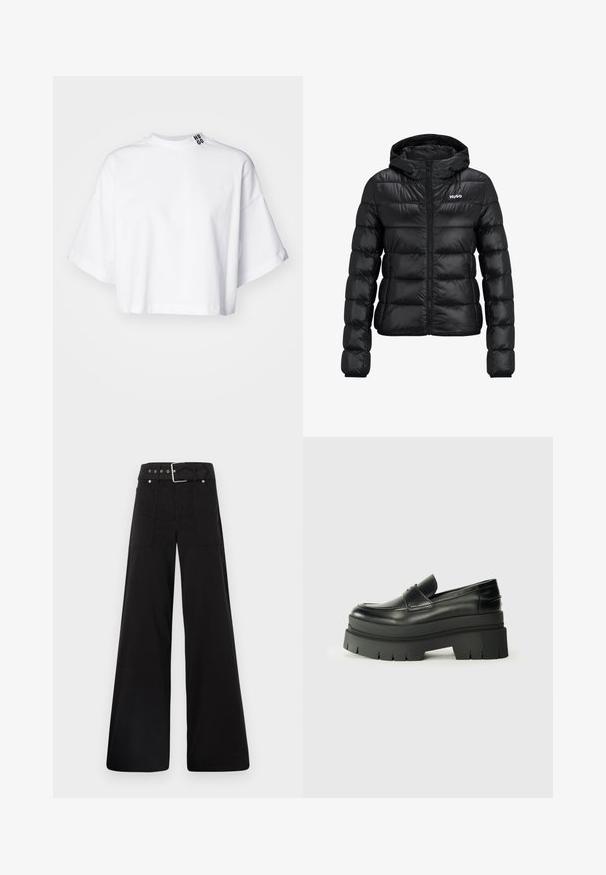 Fekete párnázott dzseki cipzárral és kapucnival. Tűzött mintázattal rendelkezik, és a "HUGO" logó a mellkason található. Fényt visszaverő anyagból készült.; Fehér, rövidített pamut póló, széles rövid ujjakkal és magas nyakkivágással. A "HUGO" felirat fekete színben szerepel a galléron.; Fekete, bő szárú nadrág, pamutból készült, magas derékkal, nagy oldalsó zsebekkel és ezüst színű hardverelemekkel ellátott övvel.; Fekete bőrcipők vastag platform talppal. Lekerekített orr, elülső varrás részletek és finom varrási díszítések. Lapos, texturált talp.