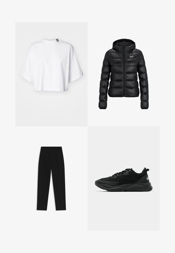 Black padded jacket with a zip closure and hood. Features a quilted design and the "HUGO" logo on the chest. Made from shiny material.; White cropped t-shirt made of cotton, featuring wide short sleeves and a high neckline. The label "HUGO" is printed in black on the collar.; Black trousers with a straight fit, featuring double pleats, a smooth texture, and a classic waistband design. No visible hardware or accents.; Black athletic sneakers featuring a textured upper, lace closure, cushioned sole, and a branded accent on the heel.