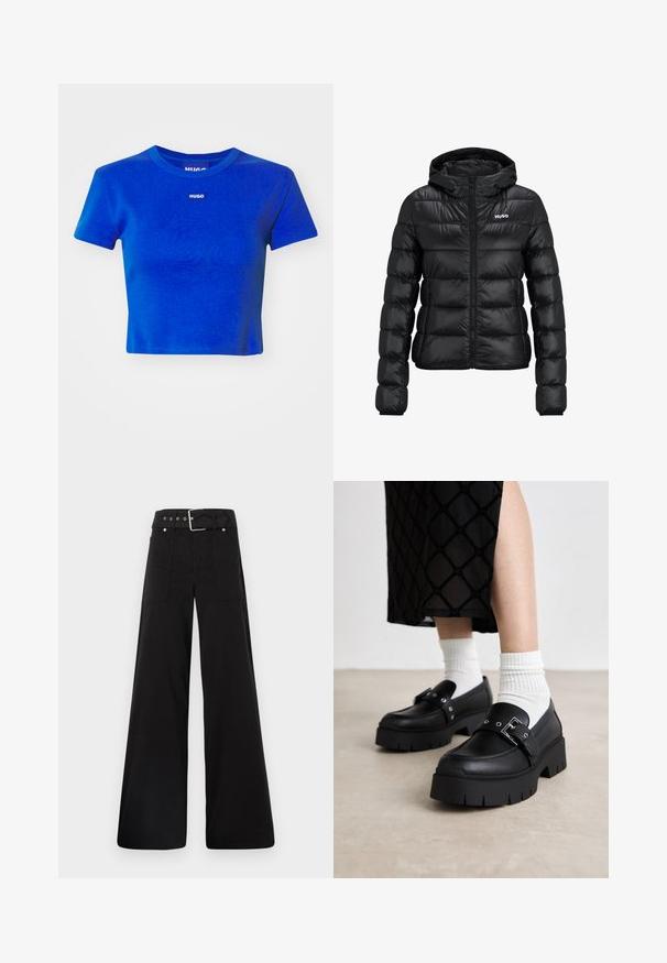 Fekete párnázott dzseki cipzárral és kapucnival. Tűzött mintázattal rendelkezik, és a "HUGO" logó a mellkason található. Fényt visszaverő anyagból készült.; Kék, rövid fazonú, csíkos pamut póló. Kerek nyakkivágással és egy kis fehér logócímkével a mellrészen. Rövid ujjú.; Fekete, bő szárú nadrág, pamutból készült, magas derékkal, nagy oldalsó zsebekkel és ezüst színű hardverelemekkel ellátott övvel.; Fekete platform lakkloaferek sima bőr felülettel, csattos részletekkel és tüskés díszítéssel, fehér bordázott zoknikkal párosítva.