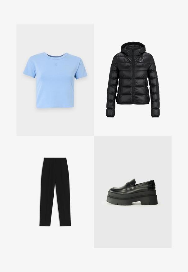 Black padded jacket with a zip closure and hood. Features a quilted design and the "HUGO" logo on the chest. Made from shiny material.; Light blue cropped t-shirt made from soft cotton, featuring short sleeves and a round neckline. "HUGO" logo embossed on the front.; Black trousers with a straight fit, featuring double pleats, a smooth texture, and a classic waistband design. No visible hardware or accents.; Black leather loafers with a chunky platform sole. Rounded toe, front seam detail, and subtle stitching accents. Flat, textured outsole.