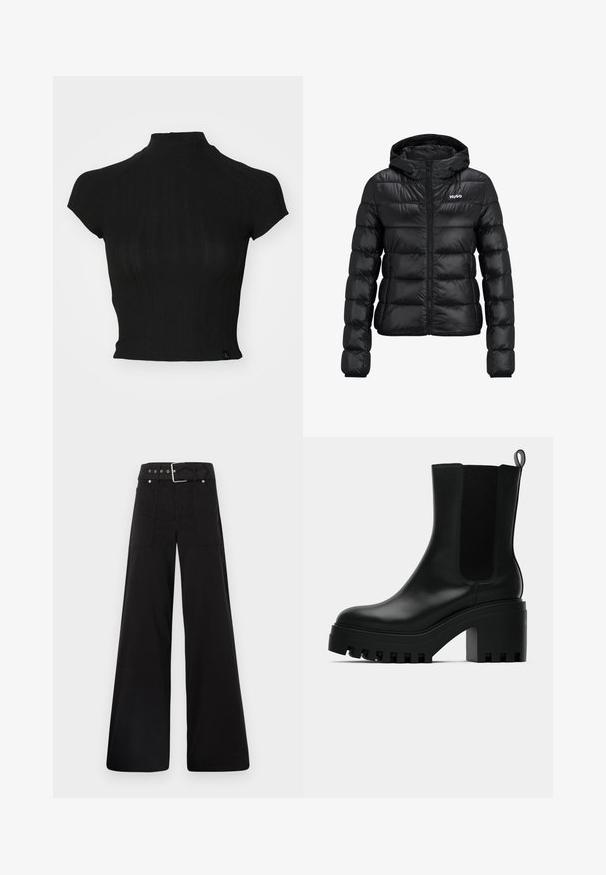Černá podšitá bunda se zipem a kapucí. Má prošívaný design a logo "HUGO" na hrudi. Vyrobeno z lesklého materiálu.; Černý zkrácený top vyrobený z ribbovaného úpletu, s vysokým límcem, krátkými zakrytými rukávy a malou značkovou visačkou v levém dolním rohu.; Černé široké kalhoty vyrobené z bavlny, s vysokým pasem, velkými bočními kapsami a opaskem s kovovými akcenty v barvě stříbra.; Černá kožená kotníková bota s kulatou špičkou, masivní platformou a bočními síťovými detaily. Obsahuje poutko pro snadné obouvání.