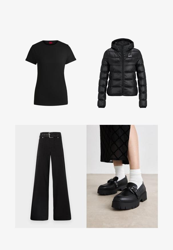 Sort polstret jakke med lynlåslukning og hætte. Har et quiltet design og "HUGO"-logoet på brystet. Fremstillet af skinnende materiale.; Sort bomulds T-shirt med korte opklappede ærmer, rund halsudskæring og et rødt mærke. Glat tekstur, tætsiddende form med minimal detaljer.; Sorte brede bukser lavet af bomuld, med høj talje, store sidelommer og en bæltestrop med sølvfarvede detaljer.; Sorte platform loafers i glat læderfinish, med spænde detaljer og nitteaccenter, parret med hvide ribstrikkede sokker.