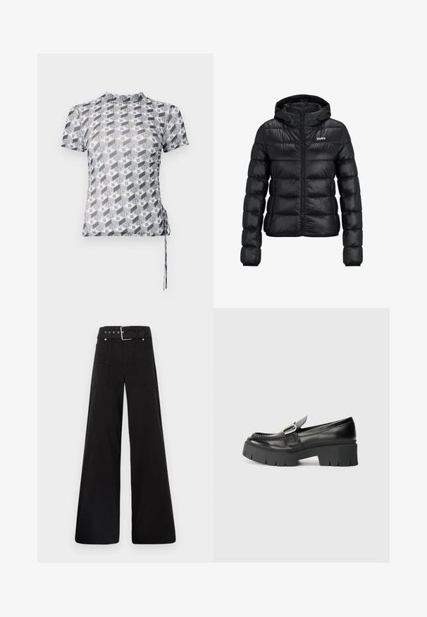 Svart polstret jakke med glidelås og hette. Har en quiltet design og "HUGO" logoen på brystet. Laget av skinnende materiale.; Kortermet, tettsittende topp med et geometrisk svart-hvitt mønster, som har "HUGO"-merkevare og snøring på siden for justering.; Sorte vidde bukser laget av bomull, med høy midje, store sidelommer og belte med sølv detaljer.; Sorte skinnloafers med en kraftig gummisåle. Har et spenneaksent og broderte detaljer langs overdelen. Flat hel.