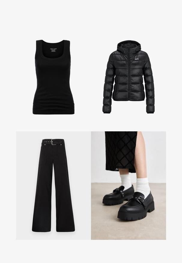 Schwarze gepolsterte Jacke mit einem Reißverschluss und Kapuze. Verfügt über ein gestepptes Design und das "HUGO"-Logo auf der Brust. Hergestellt aus glänzendem Material.; Schwarzes Tanktop mit rundem Halsausschnitt und breiten Trägern, aus dehnbarem Baumwollmaterial, mit taillierter Silhouette und glatter Textur.; Schwarze weitgeschnittene Hose aus Baumwolle, mit hoher Taille, großen Seitentaschen und einem taillierten Bund mit silbernen Hardware-Akzenten.; Schwarze Plateauslurchen mit glattem Lederfinish, ausgestattet mit einer Schnallendetail und Nietenakzenten, kombiniert mit weißen gerippten Socken.