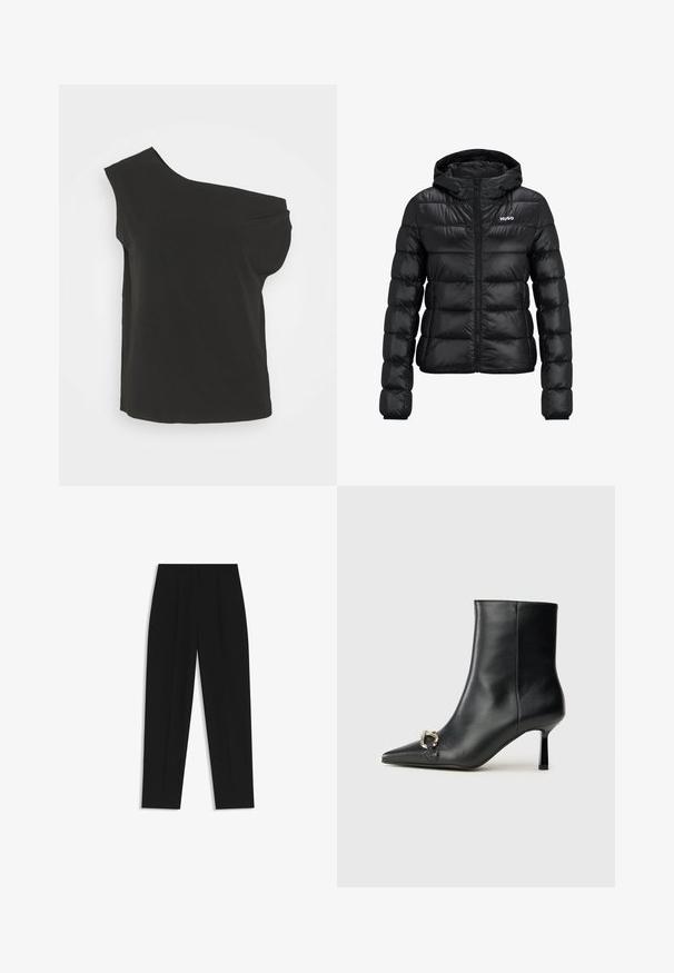 Black padded jacket with a zip closure and hood. Features a quilted design and the "HUGO" logo on the chest. Made from shiny material.; Asymmetrical black top with one shoulder design, made of a smooth, lightweight fabric; features a relaxed fit and soft texture.; Black trousers with a straight fit, featuring double pleats, a smooth texture, and a classic waistband design. No visible hardware or accents.; Black leather ankle boot with pointed toe, slim mid-height heel, and silver buckle detail on side against plain background.