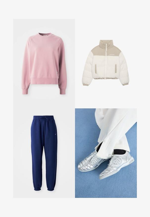 Jaqueta curta com parte superior bege e parte inferior de lã felpuda branca. Apresenta um zíper frontal, dois bolsos laterais e um design de gola alta.; Sweatshirt rosa claro de gola redonda com mangas raglan, punhos e barra em ribana, feito de um tecido suave. Apresenta uma pequena etiqueta de logotipo na lateral.; Calças de fato de treino azul marinho feitas de um tecido suave, com uma cintura elástica com cordão, punhos elásticos e um pequeno logótipo branco.; Tênis atléticos prateados com um acabamento liso e brilhante, apresentando um design costurado e o número 90 na lateral, combinados com calças brancas.