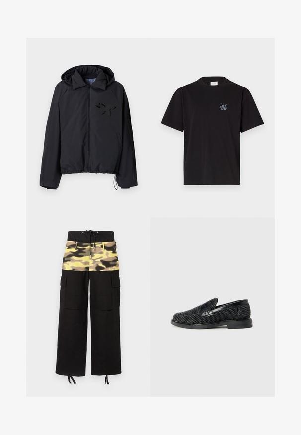 Fekete szélálló kabát cipzárral elöl, kapucnival, rugalmas alsó résszel, valamint egy texturált fekete pillangó logóval a bal mellkasi részen.; Fekete pamut póló kerek nyakkal és rövid ujjakkal. Bal mellen egy kis kék logó található. Egyszerű, egyenes szabású dizájn.; Kargópant, amely fekete szövetből készült, és sárga, zöld és barna árnyalatú kamuflázsmintás felső résszel rendelkezik; állítható derékpántot tartalmaz.; Fekete szőtt slip-on cipő sima bőr díszítéssel a felsőrészen, kerek orral és alacsony profilos gumitalppal.
