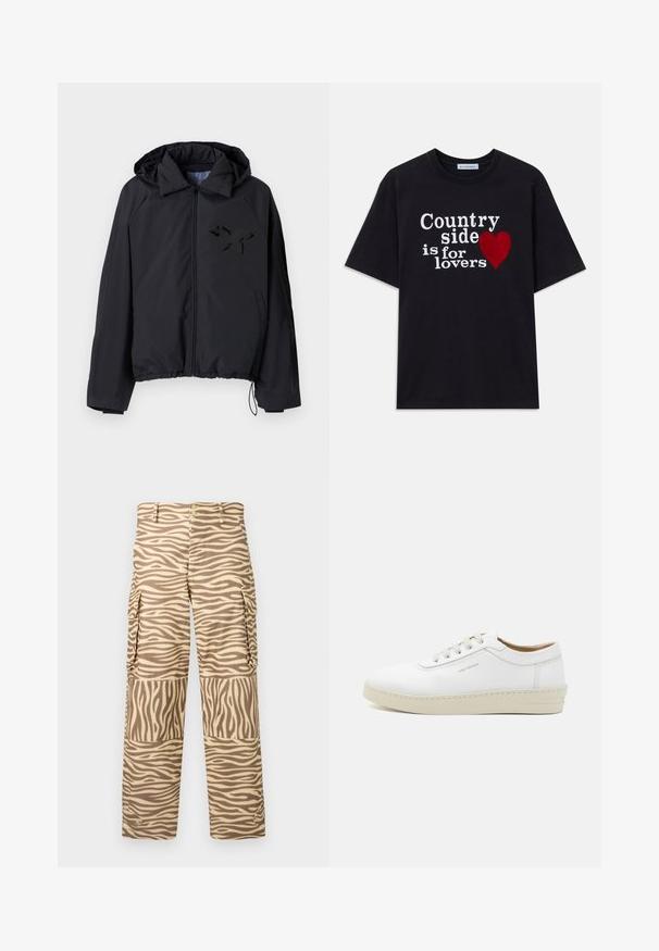 Schwarze Windjacke mit Reißverschluss vorne, Kapuze, elastischem Saum und einem strukturierten schwarzen Schmetterlingslogo auf der linken Brustseite.; Schwarzes T-Shirt mit kurzen Ärmeln und weißem Text "Landleben ist für Liebhaber" sowie einer roten Herzgrafik auf der Vorderseite.; Cargo-Hosen in einem zebramuster in Tan und Creme. Merkmale sind ein gerader Schnitt, zwei Seitentaschen und ein Knopfverschluss mit metallischen Akzenten.; Weißes Leder-Sneaker mit strukturiertem Finish, runder Zehenpartie, beiger Gummisohle und sechs grauen Schnürlochösen, mit dezenten Markenzeichen an der Seite.