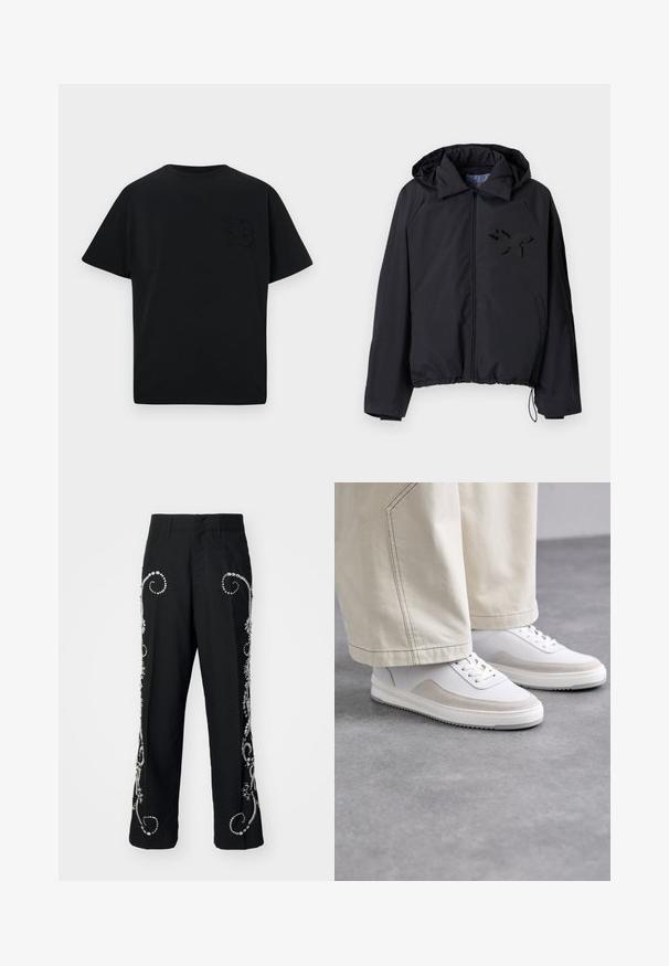 Černá větrovka s zipem vpředu, kapucí, elastickým spodním okrajem a texturovaným černým logem motýla na levé straně hrudi.; Černé tričko s volným střihem, krátkými rukávy a decentně embosovaným písmenem "B" na levé hrudi. Vyrobeno z hladké bavlněné tkaniny.; Černé kalhoty s vyšívanými květinovými vzory a stříbrnými ozdobami po stranách, s rovnými nohavicemi a předními kapsami.; Bílé tenisky s hladkým koženým svrškem, béžovými semišovými detaily, plochými tkaničkami a texturovanou gumovou podrážkou, zkombinované s světlými širokými kalhotami.