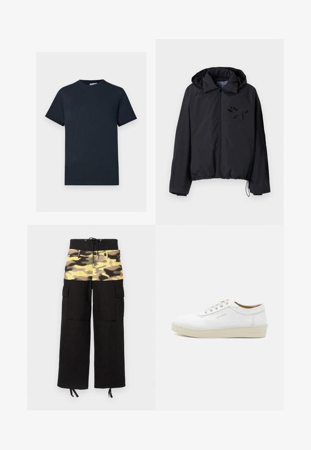 Melna vēja jaka ar rāvējslēdzēju priekšpusē, kapuci, elastīgu apakšmalu un teksturētu melnu tauriņa logotipu kreisajā krūšu pusē.; Jūras zils kokvilnas T-krekls, īsas piedurknes, apaļa kakla izgriezums, uz krūtīm redzama teksturēta logo dizains gaišākā tonī.; Kargo bikses ar melnu audumu un kamuflāžas rakstu augšējā daļā dzeltenos, zaļos un brūnos toņos; ietver regulējamu jostasvietu.; Baltas ādas sporta apavu pāris ar teksturētu virsmu, apaļu purngalu, bēša gumijas zoli un sešām pelēkām šņorēšanas acīm, ar diskrētām zīmola atzīmēm sānos.