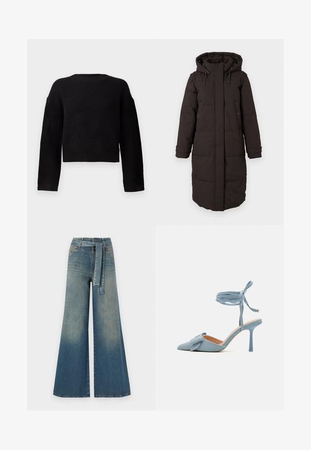 Pikk must polsterdatud talvejope kapuutsi ja esisegmendi tõmblukuga, mis on kaetud klapiga, kaks nööbidest taskut ja reguleeritavad mansetid.; Must mustriga sviiter ümmarguse kaeluse, pikkade varrukate ja lühendatud disainiga. Tekstureeritud kangas, ribidega varrukasuud ja ääred.; Laiad denimpüksid, millel on hele tume sinine gradiendiefekt, kõrge vöökoht, vöökumlid ja sobivast kangast vöö. Struktureeritud denimi viimistlus.; Kitsas varbaga kõrge kontsaga kingad helesinisest kangast, millel on tekstuuriga viimistlus, kaunistatud paeltega ja pahkluuringiga, tagamaks kindlat sobivust.