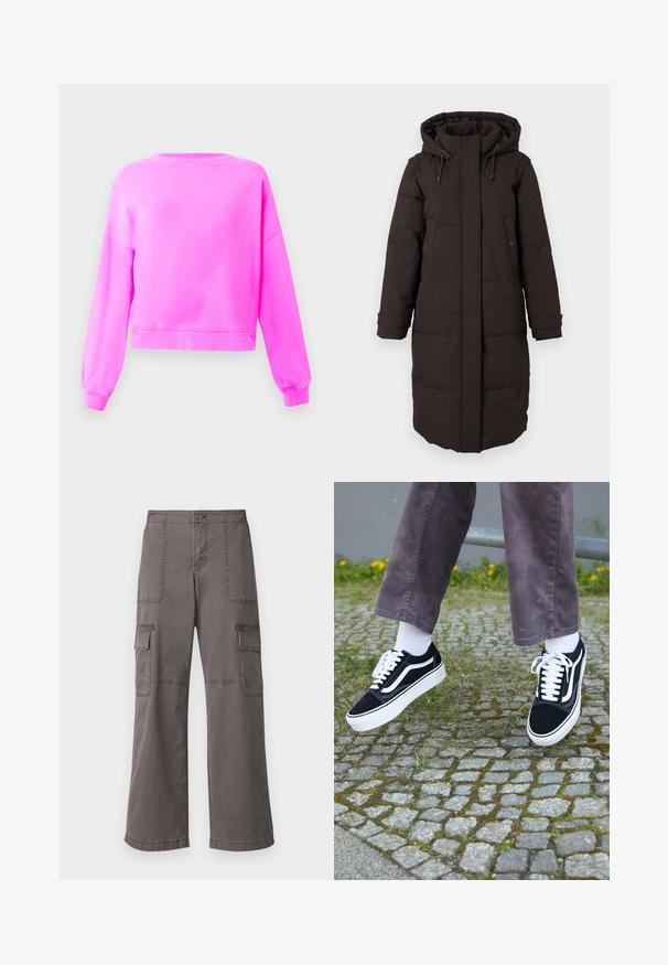 Caban lung din material padding negru, cu glugă, fermoar frontal acoperit de o clapetă, două buzunare cu capse și curele de ajustare la mânici.; Sweatshirt roz strălucitor cu mâneci lungi și guler rotund, cu manșete și tiv din material elastic, expus pe un fundal simplu deschis.; Pantaloni cargo gri, din bumbac, cu un design cu picioare largi, având două buzunare frontale, două buzunare laterale și detalii de cusătură vizibile.; Adidași negri din suede cu accente albe, având vârful rotunjit, talpă groasă albă și un design clasic cu șireturi, purtați cu șosete albe și pantaloni mov.