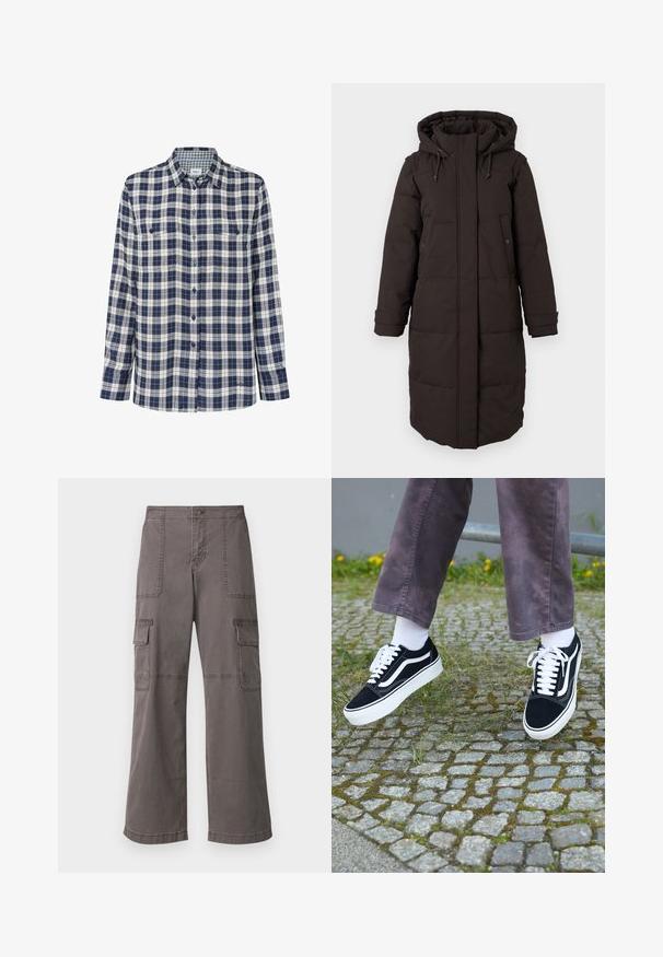 Dolga črna podložena zimska bunda s kapuco, sprednji zadrge prekrite s klapnio, dvema žepoma na gumbe in prilagodljivimi zapestnimi trakovi.; Karirana flanelasta srajca v mornarsko modri, beli in rdeči barvi. Dolgi rokavi, gumbasta zapenjanja, dva žepa na prsih ter subtilen logotip na robu.; Sive cargo hlače iz bombaža z širokim krojem, ki imajo dva sprednja žepa, dva stranska žepa in vidne šivanske detajle.; Črne semiš teniske z belimi akcenti, s krožno prstom, debelim belim podplatom in klasičnim vezanjem, nošene z belimi nogavicami in vijoličnimi hlačami.