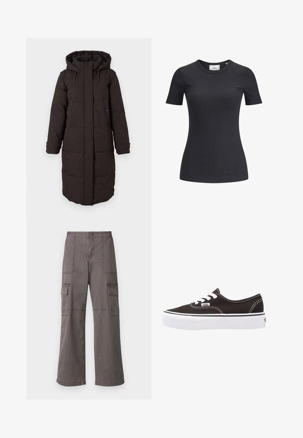Caban lung din material padding negru, cu glugă, fermoar frontal acoperit de o clapetă, două buzunare cu capse și curele de ajustare la mânici.; Tricou negru cu mânecă scurtă, cu decolteu rotund. Fabricat dintr-un material moale și elastic, cu o textură subtilă și o siluetă ajustată.; Pantaloni cargo gri, din bumbac, cu un design cu picioare largi, având două buzunare frontale, două buzunare laterale și detalii de cusătură vizibile.; Vans AUTHENTIC PLATFORM 2.0 - Sneakers low - black