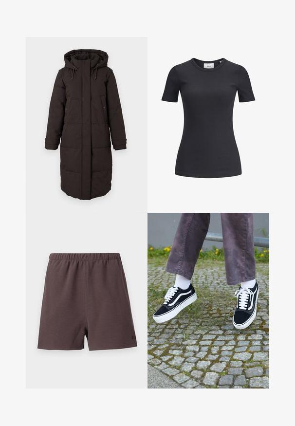 Pitkä musta toppaparka, jossa on huppu, edessä vetoketju, jota peittää läppä, kaksi painonappitaskua ja säädettävät hihansuut.; Mustan raidallisen lyhythihaisen t-paidan pyöreä pääntie. Valmistettu pehmeästä, joustavasta kankaasta, jossa on hieno rakenne ja vartalonmyötäinen siluetti.; Tummanruskeat shortsit, jotka on valmistettu teksturoidusta, kudotusta kankaasta. Niissä on joustava vyötärö ja pieni logo korostus alareunassa oikealla puolella.; Mustat mokkanahkakengät valkoisilla yksityiskohdilla, joissa on pyöristetty kärki, paksu valkoinen pohja ja klassinen nauhakiinnitys, käytettyinä valkoisten sukkien ja violetin housuparin kanssa.
