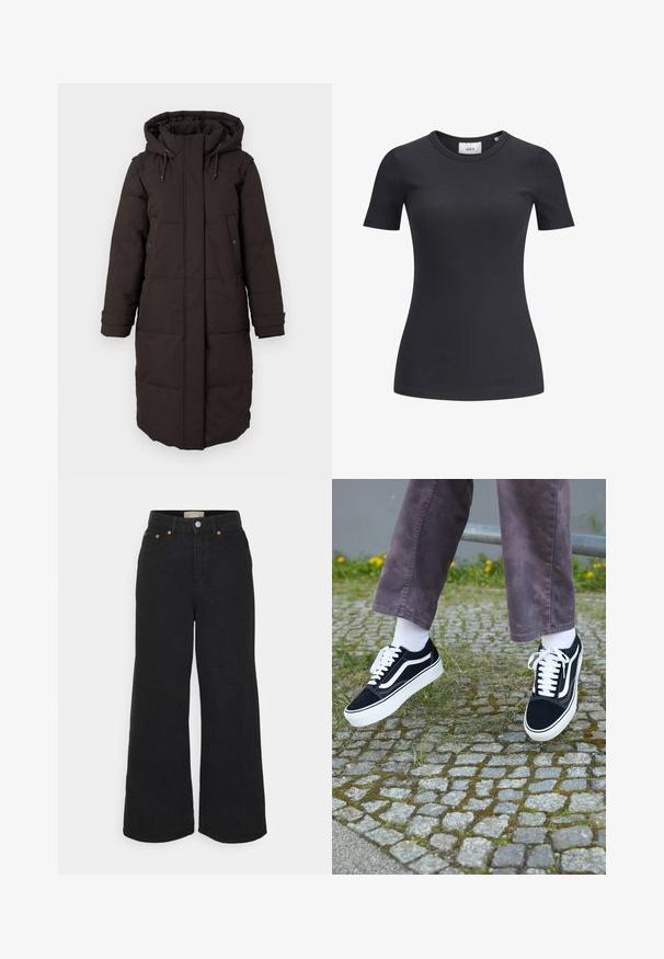 Casaco de inverno longo, preto e acolchoado, com capuz, fecho frontal coberto por aba, dois bolsos com botão de pressão e tiras ajustáveis nos punhos.; T-shirt preto de manga curta, com decote redondo. Feito de um tecido suave e elástico, apresenta uma textura subtil e uma silhueta ajustada.; JJXX TOKYO - Calças de ganga bootcut - black denim; Sapatilhas de camurça pretas com detalhes brancos, apresentando um bico arredondado, sola branca grossa e um design clássico de atacadores, usadas com meias brancas e calças roxas.