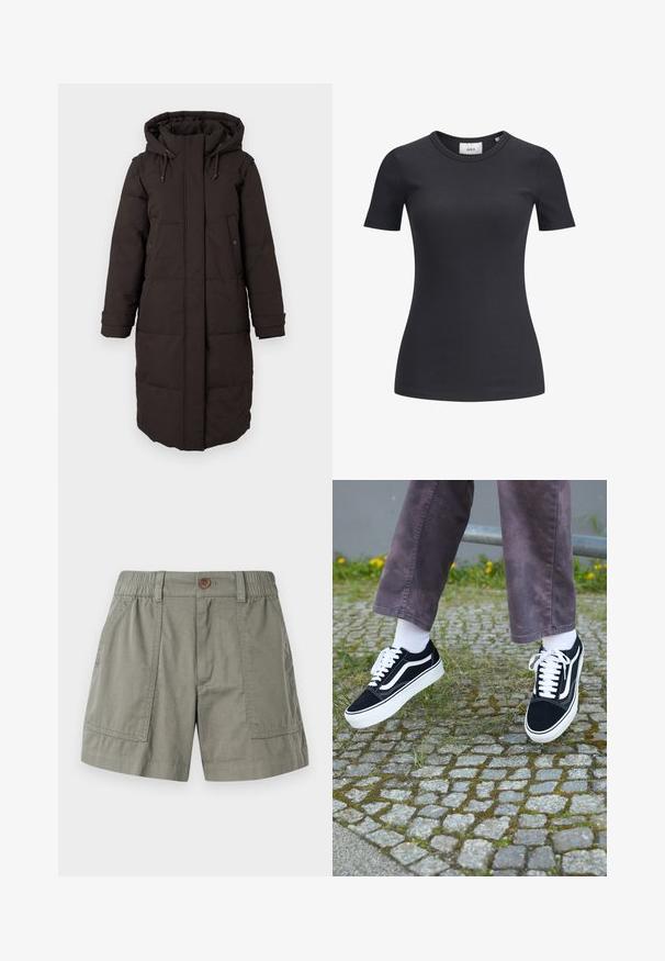 Pitkä musta toppaparka, jossa on huppu, edessä vetoketju, jota peittää läppä, kaksi painonappitaskua ja säädettävät hihansuut.; Mustan raidallisen lyhythihaisen t-paidan pyöreä pääntie. Valmistettu pehmeästä, joustavasta kankaasta, jossa on hieno rakenne ja vartalonmyötäinen siluetti.; Vaaleanoliivinvihreät shortsit, jotka on valmistettu puuvillasekoitteesta. Niissä on elastinen vyötärö, etutaskut ja yksi nappisulku.; Mustat mokkanahkakengät valkoisilla yksityiskohdilla, joissa on pyöristetty kärki, paksu valkoinen pohja ja klassinen nauhakiinnitys, käytettyinä valkoisten sukkien ja violetin housuparin kanssa.