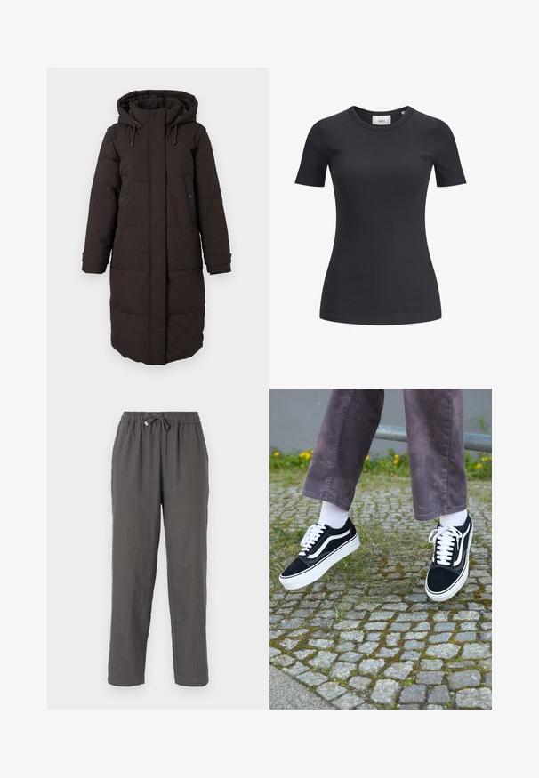 Duga crna zimska jakna s kapuljačom, prednji zatvarač prekriven flakom, dva džepa na dugme i naramenice s mogućnošću prilagođavanja.; Crna rebrasta majica s kratkim rukavima i okruglim izrezom. Izrađena od mekanog, rastezljivog materijala, s blagom teksturom i prilagođenim siluetom.; Sive hlače od lana s elastičnim pojasom, detaljem na vezanje, ravnim krojem i mekim, teksturiranim materijalom.; Crne suedne teniske s bijelim detaljima, s okruglim vrhom, debljim bijelim potplatom i klasičnim dizajnom vezivanja, nosi se s bijelim čarapama i ljubičastim hlačama.