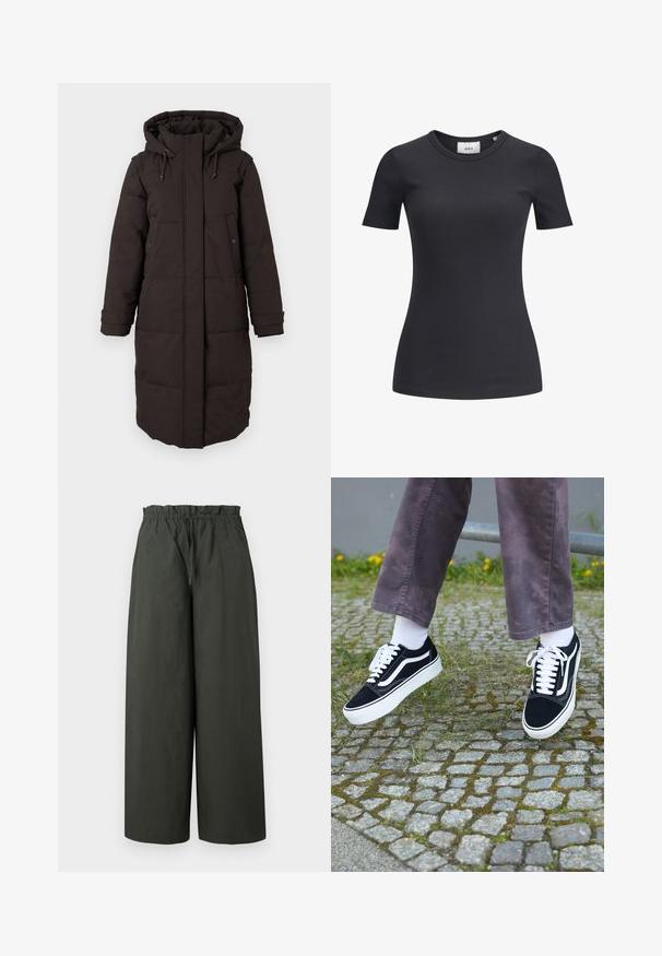 Dlouhý černý zimní kabát s kapucí, přední zip krytý klopou, dvě kapsy na druky a nastavitelné manžety.; Černé žebrované tričko s krátkým rukávem a kulatým výstřihem. Vyrobeno z měkké, elastické látky, s jemnou strukturou a přiléhavým střihem.; Světlé kalhoty ve volném střihu z tmavě zelené tkaniny, s elastickým pasem a hladkou strukturou, bez viditelného kování nebo vzorů.; Černé semišové tenisky s bílými akcenty, s zaoblenou špičkou, silnou bílou podrážkou a klasickým šněrovacím designem, nošeny s bílými ponožkami a fialovými kalhotami.