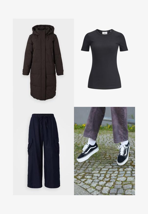 Long black padded winter coat with hood, front zipper covered by flap, two snap-button pockets, and adjustable cuff straps.; Black ribbed short-sleeve t-shirt with a round neckline. Made from a soft, stretchy fabric, featuring subtle texture and a fitted silhouette.; Navy blue cargo pants featuring a relaxed fit, elastic waistband with a drawstring, and two side pockets. Made from lightweight fabric.; Black suede sneakers with white accents, featuring a rounded toe, thick white sole, and classic lace-up design, worn with white socks and purple pants.