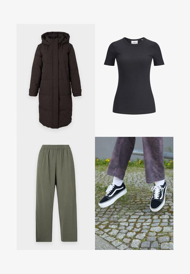 Hosszú fekete párnázott télikabát kapucnival, elülső cipzárral, amelyet fedél rejt, két patentgombos zsebbel és állítható mandzsettával.; Fekete bordázott rövid ujjú póló, kerek nyakkal. Puha, rugalmas anyagból készült, finom textúrával és szabott sziluettel.; Zöld, könnyű, bő lábú nadrág, elasztikus derékkal és sima textúrával. Zsebek és díszítések nélkül.; Fekete velúr sportcipő, fehér díszítéssel, lekerekített orral, vastag fehér talppal és klasszikus, fűzős kialakítással, fehér zoknival és lila nadrággal viselve.