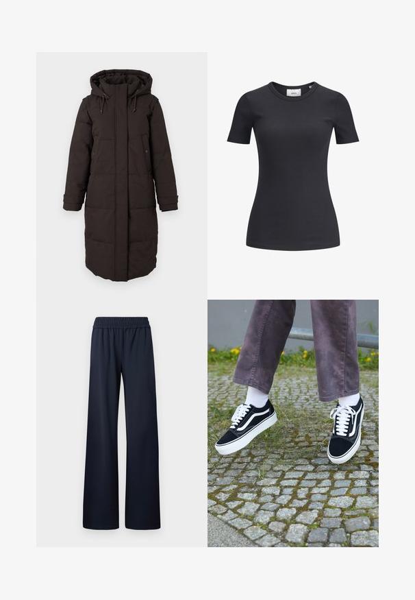 Lang sort polstret vinterjakke med hætte, frontlynlås dækket af flap, to trykknap lommer og justerbare ærmestraps.; Sort ribbet kortærmet t-shirt med rund halsudskæring. Lavet af et blødt, strækbart stof med en subtil tekstur og en tætsiddende silhuet.; Marineblå vide bukser, lavet af glat stof, med elastisk talje og fuldlængde design uden yderligere detaljer.; Sorte ruskinds sneakers med hvide accenter, med rund tå, tyk hvid sål og klassisk snørebåndsdesign, båret med hvide sokker og lilla bukser.