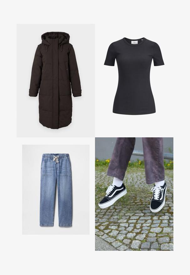 Hosszú fekete párnázott télikabát kapucnival, elülső cipzárral, amelyet fedél rejt, két patentgombos zsebbel és állítható mandzsettával.; Fekete bordázott rövid ujjú póló, kerek nyakkal. Puha, rugalmas anyagból készült, finom textúrával és szabott sziluettel.; Világoskék farmernadrág, rugalmas derékkal és fehér zsinórral, elülső zsebekkel és egyenes lábakkal.; Fekete velúr sportcipő, fehér díszítéssel, lekerekített orral, vastag fehér talppal és klasszikus, fűzős kialakítással, fehér zoknival és lila nadrággal viselve.