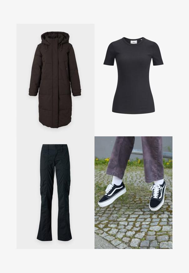 Garšs melns pildīts ziemas mētelis ar kapuci, priekšējais rāvējslēdzis pārklāts ar atloku, divas pogu kabatas un regulējami aproču siksniņas.; Melnā ribota īsām piedurknēm t-kreklā ar apaļu kakla izgriezumu. Izgatavots no mīksta, stieptspējīga auduma, ar smalku tekstūru un piegulošu siluetu.; Melni cargo bikses ar taisnu kāju dizainu, izgatavotas no izturīga auduma. Iekļauj divas sānu kabatas ar atloka un pogu aizdari.; Melni zamšādas sporta apavi ar baltiem akcentiem, ar apaļu purngalu, biezu baltu zoli un klasisku šņorēšanas dizainu, uzvilkti ar baltām zeķēm un violetām biksēm.