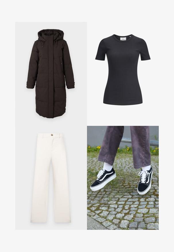 Long black padded winter coat with hood, front zipper covered by flap, two snap-button pockets, and adjustable cuff straps.; Black ribbed short-sleeve t-shirt with a round neckline. Made from a soft, stretchy fabric, featuring subtle texture and a fitted silhouette.; Wide-leg, beige trousers made of textured fabric. Features a front button closure and belt loops. Simple, clean design with no patterns.; Black suede sneakers with white accents, featuring a rounded toe, thick white sole, and classic lace-up design, worn with white socks and purple pants.