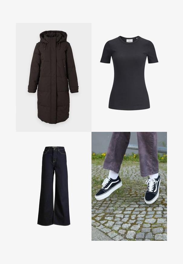 Lang svart polstret vinterjakke med hette, frontglidelås dekket av klaff, to trykknapp-lommer og justerbare mansjettstriper.; Svart ribbet kortermet t-skjorte med rund hals. Laget av et mykt, stretchy stoff, med subtil tekstur og en tettsittende silhuett.; Vide ben bukser i mørk denim med højt liv, præget af kontrasterende gule stikninger og et rent, struktureret design.; Svarte semskede joggesko med hvite detaljer, med rund tå, tykk hvit såle og klassisk snøring, båret med hvite sokker og lilla bukser.