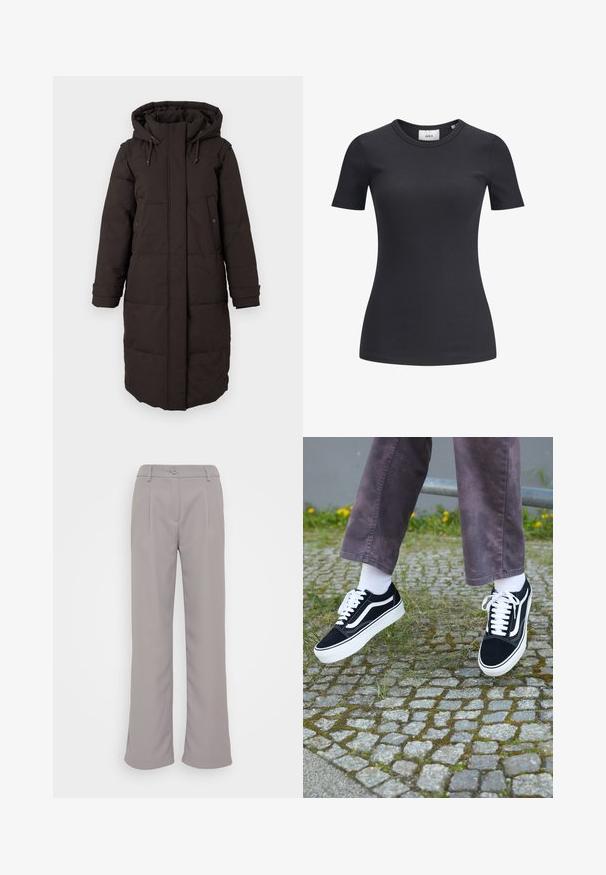 Hosszú fekete párnázott télikabát kapucnival, elülső cipzárral, amelyet fedél rejt, két patentgombos zsebbel és állítható mandzsettával.; Fekete bordázott rövid ujjú póló, kerek nyakkal. Puha, rugalmas anyagból készült, finom textúrával és szabott sziluettel.; Szürke, bő szárú nadrág sima textúrával. Elülső pliszekkel, gombos záródással és oldalsó zsebekkel rendelkezik. Klasszikus dizájn, sokoldalú viselethez.; Fekete velúr sportcipő, fehér díszítéssel, lekerekített orral, vastag fehér talppal és klasszikus, fűzős kialakítással, fehér zoknival és lila nadrággal viselve.