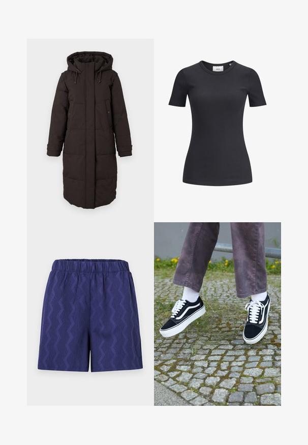 Hosszú fekete párnázott télikabát kapucnival, elülső cipzárral, amelyet fedél rejt, két patentgombos zsebbel és állítható mandzsettával.; Fekete bordázott rövid ujjú póló, kerek nyakkal. Puha, rugalmas anyagból készült, finom textúrával és szabott sziluettel.; Sötétkék sort, texturált zigzag mintával, rugalmas derékpánttal a kényelemért és laza szabással. Könnyű anyagból készült.; Fekete velúr sportcipő, fehér díszítéssel, lekerekített orral, vastag fehér talppal és klasszikus, fűzős kialakítással, fehér zoknival és lila nadrággal viselve.