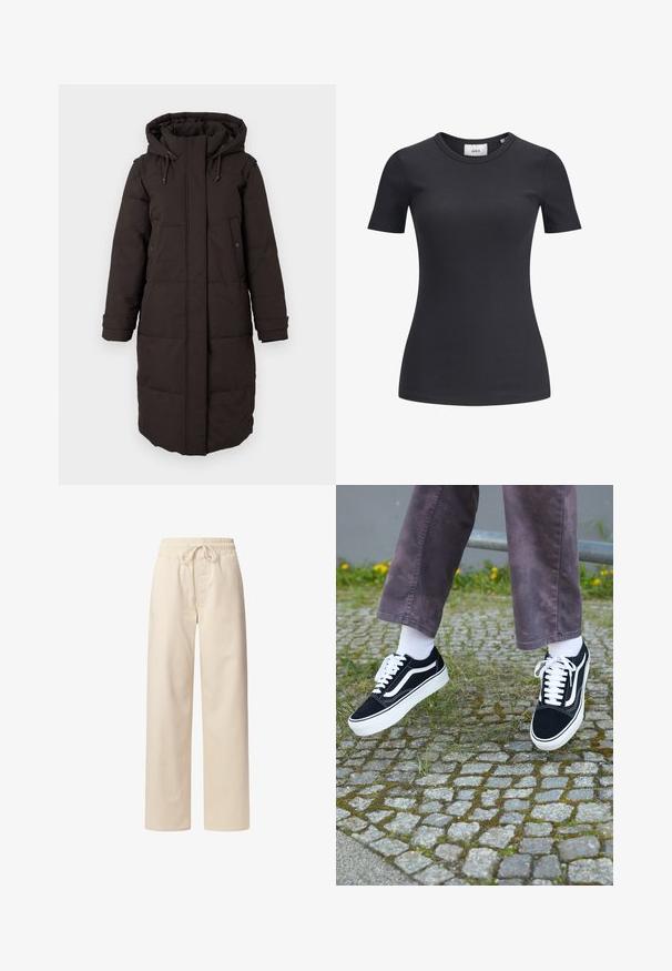 Garšs melns pildīts ziemas mētelis ar kapuci, priekšējais rāvējslēdzis pārklāts ar atloku, divas pogu kabatas un regulējami aproču siksniņas.; Melnā ribota īsām piedurknēm t-kreklā ar apaļu kakla izgriezumu. Izgatavots no mīksta, stieptspējīga auduma, ar smalku tekstūru un piegulošu siluetu.; Beige kokvilnas bikses ar elastīgu jostasvietu un auklu. Platu kāju dizains ar gludu tekstūru un bez redzamām rakstām vai akcentiem.; Melni zamšādas sporta apavi ar baltiem akcentiem, ar apaļu purngalu, biezu baltu zoli un klasisku šņorēšanas dizainu, uzvilkti ar baltām zeķēm un violetām biksēm.