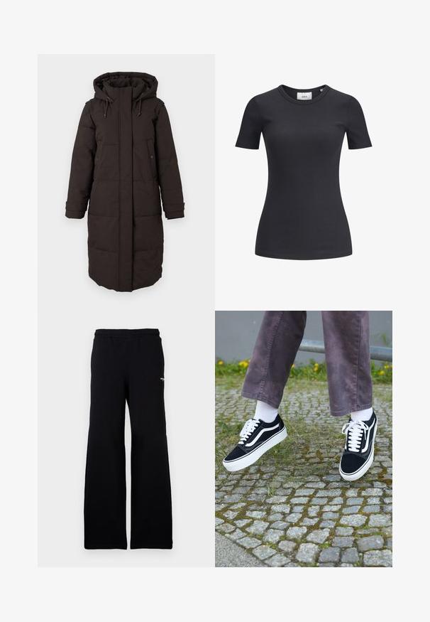 Lang svart polstret vinterjakke med hette, frontglidelås dekket av klaff, to trykknapp-lommer og justerbare mansjettstriper.; Svart ribbet kortermet t-skjorte med rund hals. Laget av et mykt, stretchy stoff, med subtil tekstur og en tettsittende silhuett.; Svart sweatpants med elastisk midje, med en avslappet passform og en liten hvit logo på venstre ben. Laget av myk stoff.; Svarte semskede joggesko med hvite detaljer, med rund tå, tykk hvit såle og klassisk snøring, båret med hvite sokker og lilla bukser.