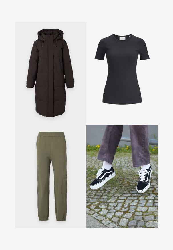 Hosszú fekete párnázott télikabát kapucnival, elülső cipzárral, amelyet fedél rejt, két patentgombos zsebbel és állítható mandzsettával.; Fekete bordázott rövid ujjú póló, kerek nyakkal. Puha, rugalmas anyagból készült, finom textúrával és szabott sziluettel.; Olíva zöld jogging nadrág, elasztikus derékkal, szűkített szárakkal és oldalsó cargo zsebből kiemelkedő cipzárral. Puha, rugalmas anyag.; Fekete velúr sportcipő, fehér díszítéssel, lekerekített orral, vastag fehér talppal és klasszikus, fűzős kialakítással, fehér zoknival és lila nadrággal viselve.