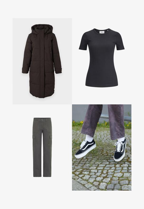 Ilgas juodas pūkuotas žieminis paltas su kapišonu, priekinis užtrauktukas uždengtas sklende, dvi mygtukų kišenės ir reguliuojami rankogaliai.; Juodas smulkiai raukšlėtas trumpomis rankovėmis marškinėliai, su apvalia iškirpte. Pagaminti iš minkštos, tamprios medžiagos, su subtilia tekstūra ir prigludusia siluetu.; Tamsiai pilki cargo kelnės iš medvilnės su tiesiu sijonu. Turi dvi šonines kišenes ir mygtuko užsegimą. Patvari medžiaga su lengvu tekstūros akcentu.; Juoda zomšiniai sportbačiai su baltais akcentais, suapvalintu pirštu, storu baltu padu ir klasikinis raištelių dizainas, užsidėti su baltomis kojinėmis ir purpurinėmis kelnėmis.