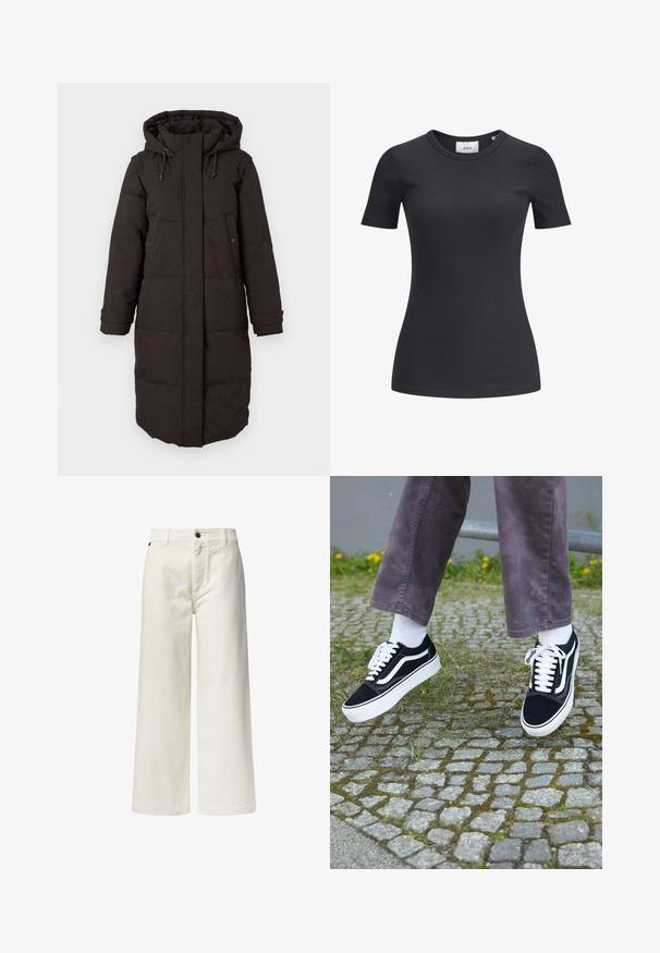 Lång svart vadderad vinterjacka med huva, framsidan med dragkedja täckt av ett lock, två knapp-fickor och justerbara ärmsnoddar.; Svart ribbad kortärmad t-shirt med rund halsringning. Tillverkad av ett mjukt, elastiskt tyg som har en subtil textur och en figurnära silhuett.; Vita, vida byxor i bomull med framfickor, knappstängning och en ren, odekorerad design.; Svarta mockaskor med vita detaljer, med rund tå, tjock vit sula och klassisk snördesign, som bärs med vita strumpor och lila byxor.
