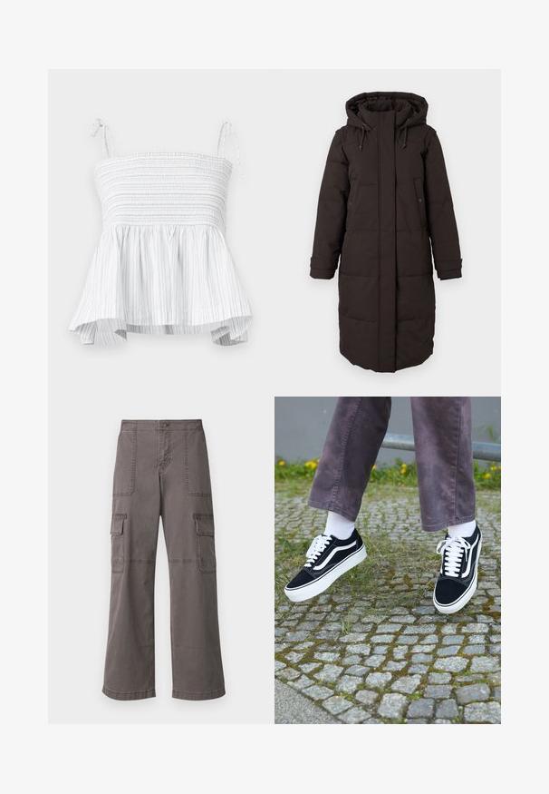 Dolga črna podložena zimska bunda s kapuco, sprednji zadrge prekrite s klapnio, dvema žepoma na gumbe in prilagodljivimi zapestnimi trakovi.; Bela brezramna majica s nabranim bodicem in razširjenim robom. Ima navpične svetlo sivo črtice in nastavljive vezi za varno prileganje.; Sive cargo hlače iz bombaža z širokim krojem, ki imajo dva sprednja žepa, dva stranska žepa in vidne šivanske detajle.; Črne semiš teniske z belimi akcenti, s krožno prstom, debelim belim podplatom in klasičnim vezanjem, nošene z belimi nogavicami in vijoličnimi hlačami.