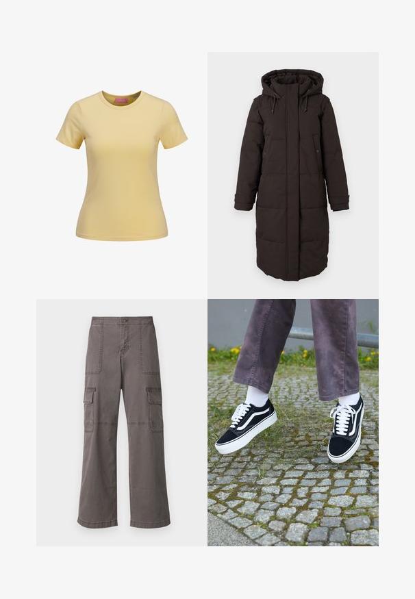 Caban lung din material padding negru, cu glugă, fermoar frontal acoperit de o clapetă, două buzunare cu capse și curele de ajustare la mânici.; Tricou galben cu mânecă scurtă, realizat din bumbac neted, cu decolteu rotund și croi slim-fit. Eticheta este vizibilă în interiorul gulerului.; Pantaloni cargo gri, din bumbac, cu un design cu picioare largi, având două buzunare frontale, două buzunare laterale și detalii de cusătură vizibile.; Adidași negri din suede cu accente albe, având vârful rotunjit, talpă groasă albă și un design clasic cu șireturi, purtați cu șosete albe și pantaloni mov.