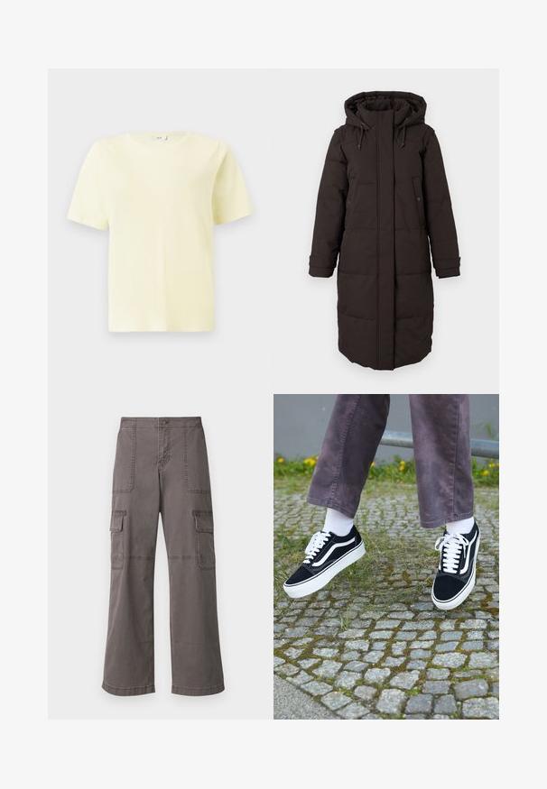 Lungo cappotto invernale imbottito nero con cappuccio, zip frontale coperta da una pattina, due tasche con bottone a scatto e cinturini regolabili sui polsini.; T-shirt unisex a maniche corte, colletto rotondo, di colore giallo chiaro, presentato su uno sfondo bianco.; Pantaloni cargo grigi in cotone con un design a gamba larga, dotati di due tasche anteriori, due tasche laterali e dettagli di cucitura visibili.; Sneaker in suede nero con dettagli bianchi, caratterizzati da una punta arrotondata, suola spessa bianca e design classico con lacci, indossati con calze bianche e pantaloni viola.