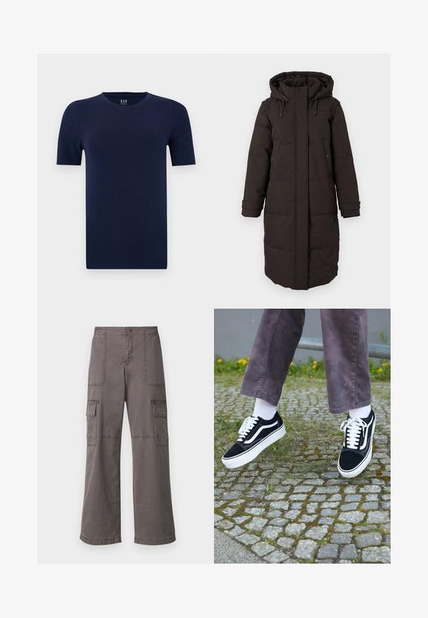 Casaco de inverno longo, preto e acolchoado, com capuz, fecho frontal coberto por aba, dois bolsos com botão de pressão e tiras ajustáveis nos punhos.; T-shirt azul marinho de manga curta e gola redonda, feito de tecido de algodão suave. Apresenta um corte regular com bainhas direitas para um design confortável.; Calças de carga cinzentas, feitas de algodão, com um design de perna larga, apresentando dois bolsos frontais, dois bolsos laterais e detalhes de costura visíveis.; Sapatilhas de camurça pretas com detalhes brancos, apresentando um bico arredondado, sola branca grossa e um design clássico de atacadores, usadas com meias brancas e calças roxas.