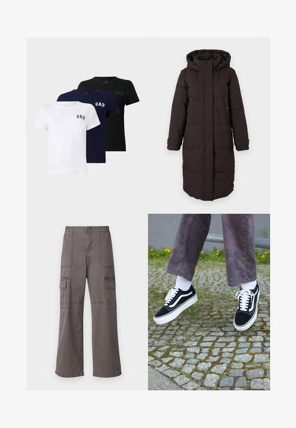 Dlhý čierny zateplený zimný kabát s kapucňou, predný zips zakrytý chlopňou, dve vrecká na cvoky a nastaviteľné manžety.; Sada troch krátkych rukávov T-shirtov v bielej, námorníckej a čiernej farbe. Každý má malé logo "GAP" na ľavej hrudi, vyrobené z jemnej bavlnenej látky.; Šedé cargo nohavice z bavlny s širokým strihom, ktoré majú dve predné vrecká, dve bočné vrecká a viditeľné steh.; Čierne semišové tenisky s bielymi akcentmi, s okrúhlou špičkou, hrubou bielou podrážkou a klasickým šnurovacím dizajnom, kombinované s bielymi ponožkami a fialovými nohavicami.