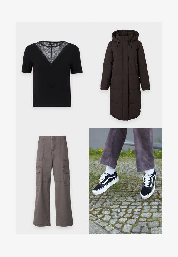 Long black padded winter coat with hood, front zipper covered by flap, two snap-button pockets, and adjustable cuff straps.; Black short-sleeve t-shirt featuring a lace and scalloped V-neckline, ribbed texture, and a fitted design.; Gray cargo pants made of cotton with a wide leg design, featuring two front pockets, two side pockets, and visible stitching details.; Black suede sneakers with white accents, featuring a rounded toe, thick white sole, and classic lace-up design, worn with white socks and purple pants.