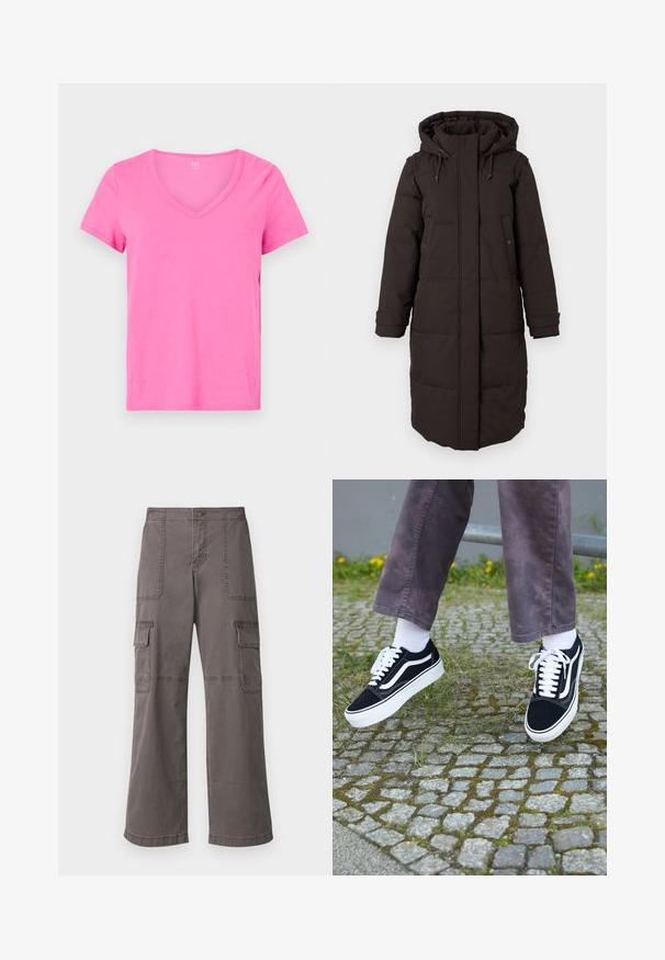 Dlouhý černý zimní kabát s kapucí, přední zip krytý klopou, dvě kapsy na druky a nastavitelné manžety.; Růžové tričko s krátkým rukávem a výstřihem do V, vyrobené z měkké bavlněné tkaniny, s rovním lemem a volným střihem.; Šedé cargo kalhoty vyrobené z bavlny s širokým střihem, obsahující dvě přední kapsy, dvě boční kapsy a viditelné švy.; Černé semišové tenisky s bílými akcenty, s zaoblenou špičkou, silnou bílou podrážkou a klasickým šněrovacím designem, nošeny s bílými ponožkami a fialovými kalhotami.