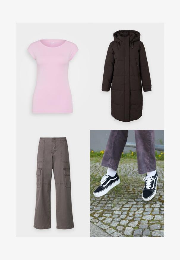 Hosszú fekete párnázott télikabát kapucnival, elülső cipzárral, amelyet fedél rejt, két patentgombos zsebbel és állítható mandzsettával.; GAP BATEAU - Basic póló - sugar pink; Szürke, pamutból készült cargo nadrág széles lábbal, két elülső zsebbel, két oldalsó zsebbel és látható varrási részletekkel.; Fekete velúr sportcipő, fehér díszítéssel, lekerekített orral, vastag fehér talppal és klasszikus, fűzős kialakítással, fehér zoknival és lila nadrággal viselve.
