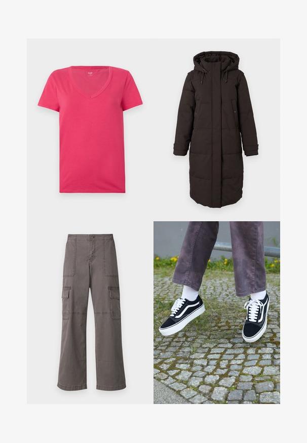 Duga crna zimska jakna s kapuljačom, prednji zatvarač prekriven flakom, dva džepa na dugme i naramenice s mogućnošću prilagođavanja.; Roza pamučna majica s V izrezom i kratkim rukavima. Mekana tekstura, usklađen dizajn, bez vidljivih uzoraka ili akcenta.; Sive cargo hlače od pamuka sa širokim nogavicama, s dva prednja džepa, dva bočna džepa i vidljivim detaljima šivanja.; Crne suedne teniske s bijelim detaljima, s okruglim vrhom, debljim bijelim potplatom i klasičnim dizajnom vezivanja, nosi se s bijelim čarapama i ljubičastim hlačama.