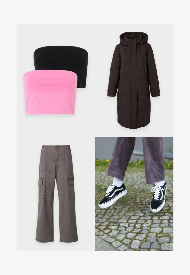 Casaco de inverno longo, preto e acolchoado, com capuz, fecho frontal coberto por aba, dois bolsos com botão de pressão e tiras ajustáveis nos punhos.; Dois tops sem alças, um preto e outro rosa. Feitos de algodão suave, com um design simples, ajuste elástico e sem fechos.; Calças de carga cinzentas, feitas de algodão, com um design de perna larga, apresentando dois bolsos frontais, dois bolsos laterais e detalhes de costura visíveis.; Sapatilhas de camurça pretas com detalhes brancos, apresentando um bico arredondado, sola branca grossa e um design clássico de atacadores, usadas com meias brancas e calças roxas.
