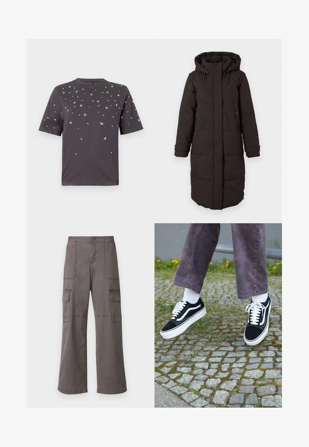 Dolga črna podložena zimska bunda s kapuco, sprednji zadrge prekrite s klapnio, dvema žepoma na gumbe in prilagodljivimi zapestnimi trakovi.; Temno siva kratka majica s kratkimi rokavi, okrašena z razpršenimi majhnimi srebrnimi zvezdami in pikami na sprednji strani in rokavih.; Sive cargo hlače iz bombaža z širokim krojem, ki imajo dva sprednja žepa, dva stranska žepa in vidne šivanske detajle.; Črne semiš teniske z belimi akcenti, s krožno prstom, debelim belim podplatom in klasičnim vezanjem, nošene z belimi nogavicami in vijoličnimi hlačami.